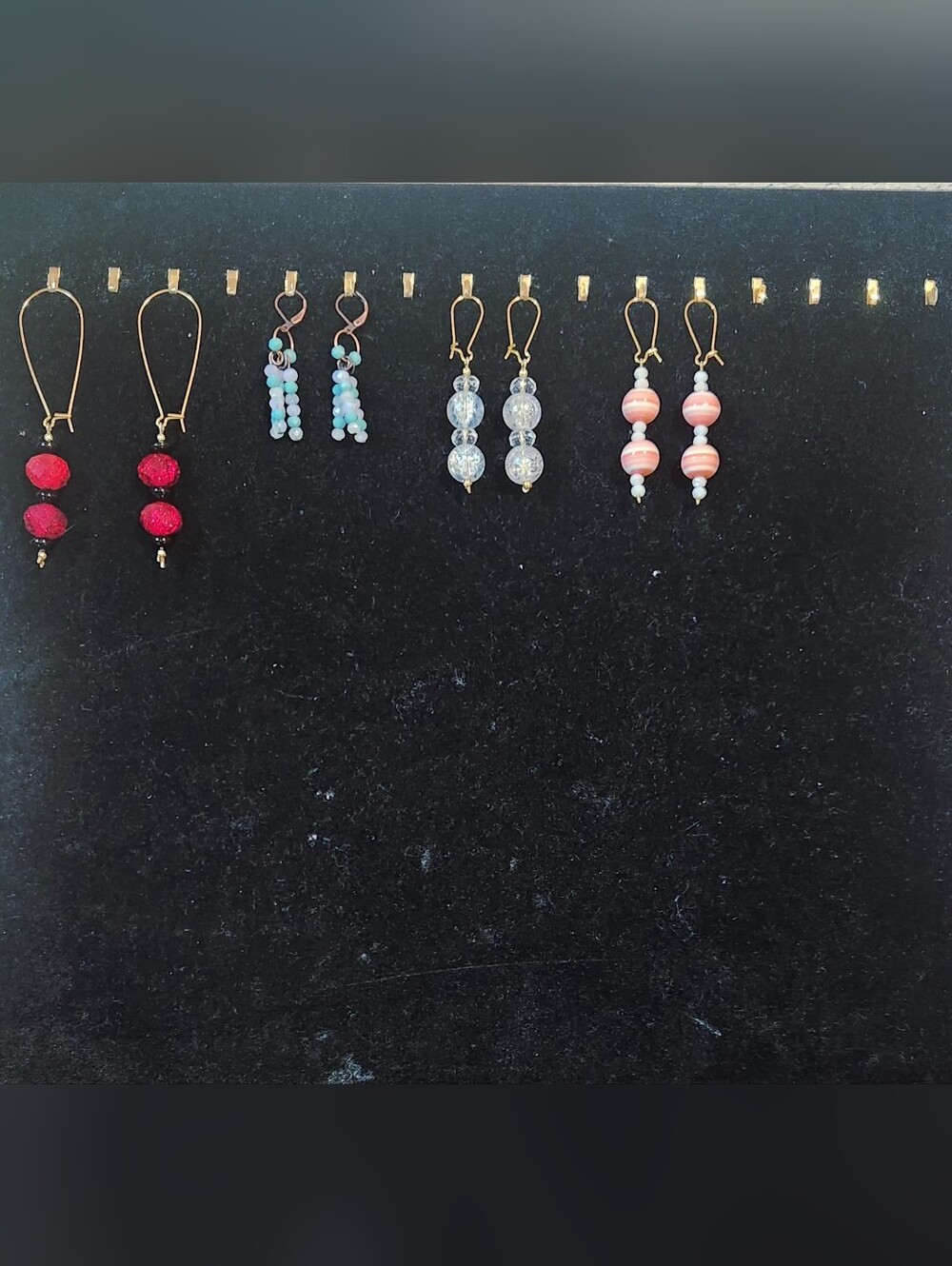 Gold Drop Earrings with Red, Aqua, Clear, and Pink Beads